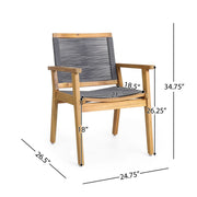 Pair of Noble House outdoor rope dining chairs in a set, featuring woven rope seats and sturdy metal frames for patio use.