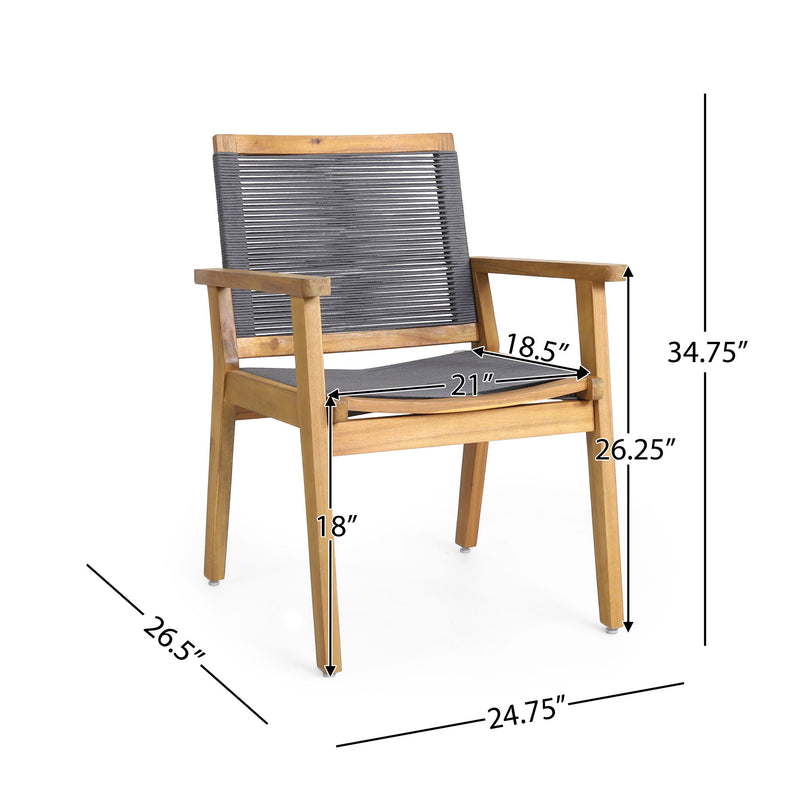 Pair of Noble House outdoor rope dining chairs in a set, featuring woven rope seats and sturdy metal frames for patio use.