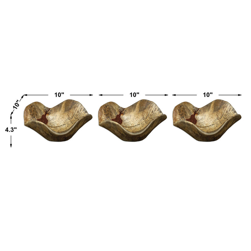 Set of three light brown Tamarine wood wall art pieces by Uttermost, natural textured wall decor for modern interior design.