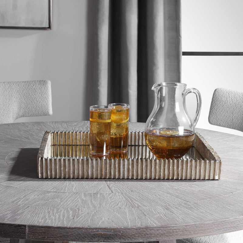 Silver Talmage mirrored tray by Uttermost, decorative metal tray with reflective surface and elegant design.