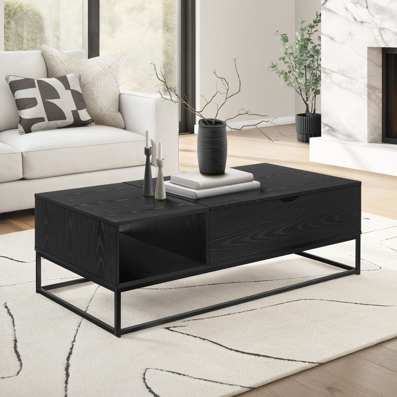 8th Street black coffee table with lift top and storage, modern living room accent table with sleek design and functional features.