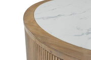 Round Camdill coffee table by Signature Design Ashley in light brown and white wood finish, showing its sleek, modern design.