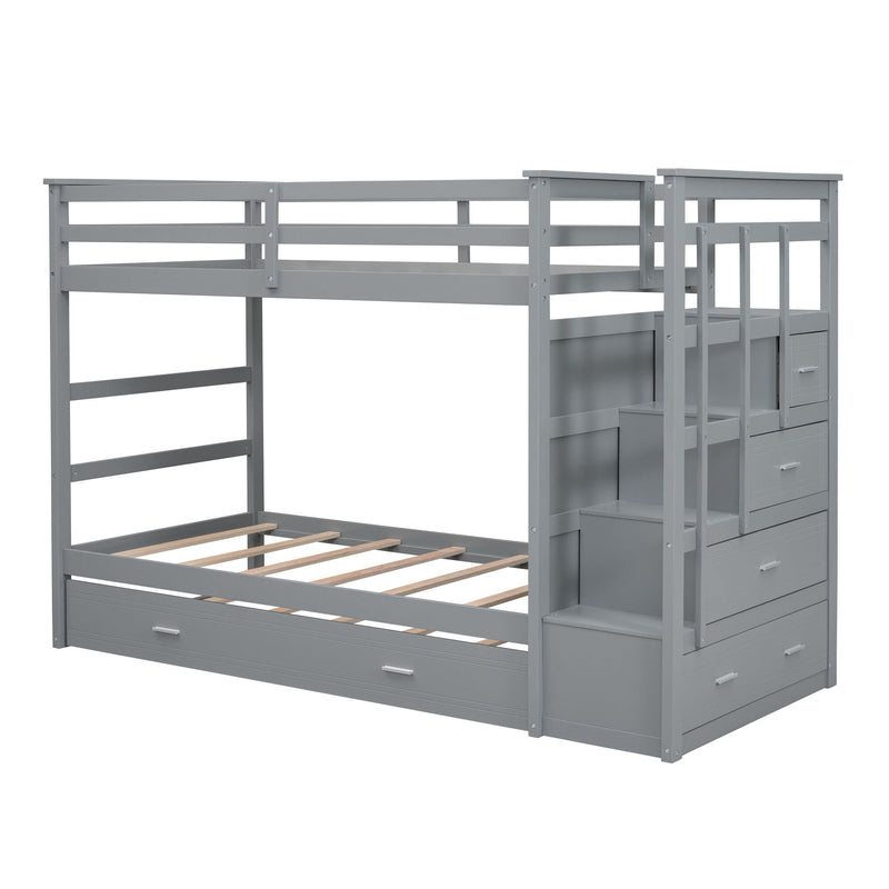 DreamHaus bunk bed with staircase and trundle, featuring sturdy wooden frame, ladder, and space-saving design for kids' bedroom.