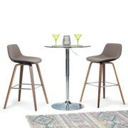 Pair of Randolph Bentwood multifunctional counter and bar height stools by Simpli-Home, featuring wooden frames and cushioned seats.