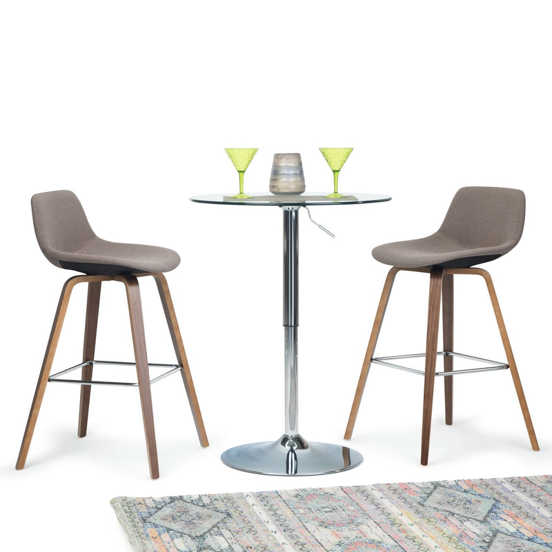 Pair of Randolph Bentwood multifunctional counter and bar height stools by Simpli-Home, featuring wooden frames and cushioned seats.
