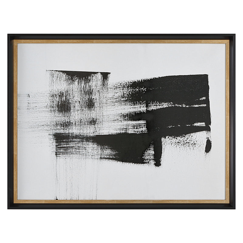 Uttermost Mystere framed black contemporary canvas art print with abstract design, suitable for modern home decor.