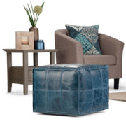 Teal Manning Square Pouf by Simpli-Home, a cozy accent piece with a soft fabric cover and modern square design for living rooms.