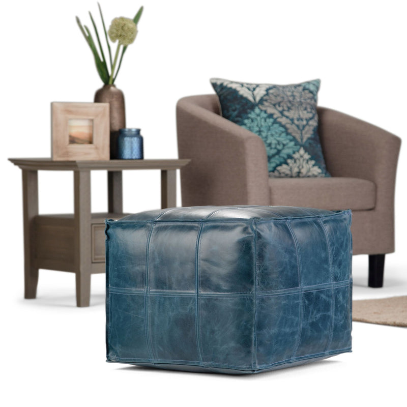 Teal Manning Square Pouf by Simpli-Home, a cozy accent piece with a soft fabric cover and modern square design for living rooms.