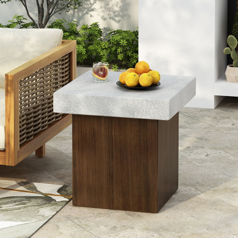 Mgo Square Side Table With Faux Stone Top And Wood Frame - Antique White / Natural Wood - R&R Furniture Gallery (Fountain Valley, CA)