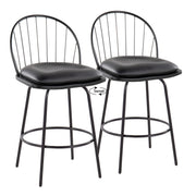 Set of two Lumi Source Riley Claire Farmhouse counter stools with swivel, fixed height, round footrest, and wood finish.