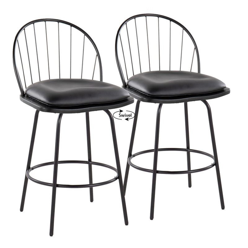 Set of two Lumi Source Riley Claire Farmhouse counter stools with swivel, fixed height, round footrest, and wood finish.