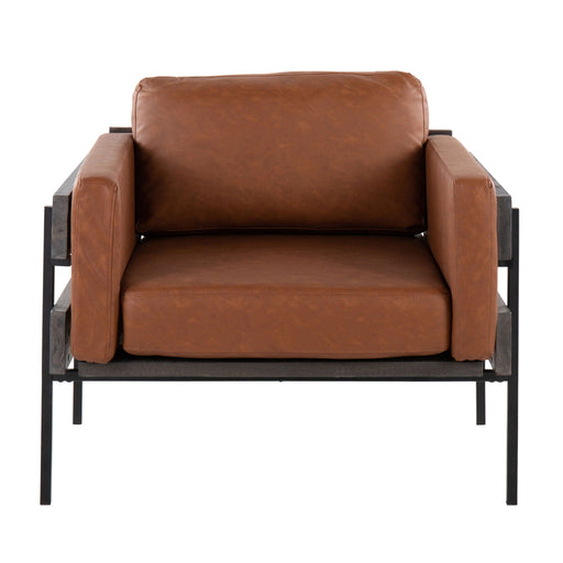 Lumi Source Kari farmhouse accent chair with wooden frame and fabric upholstery, showcasing a cozy, rustic design.