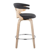 Set of two Lumi Source Gardenia mid-century modern counter stools with swivel seats and wooden legs.