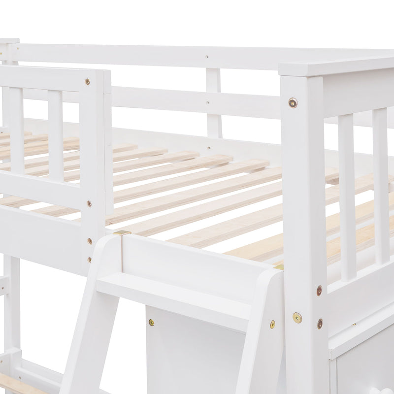 DreamHaus bunk bed with six drawers, flexible shelves, and a bottom bed on wheels, ideal for space-saving bedroom storage.