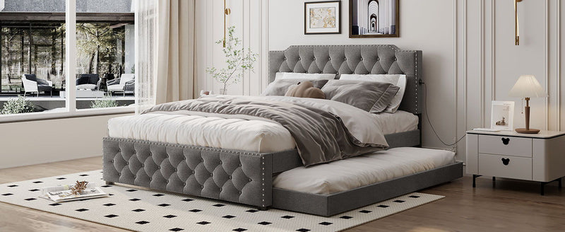 Upholstered Platform Bed With Trundle And 2 Sets Of USB Ports On Each Side, Fabric - R&R Furniture Gallery (Fountain Valley, CA)