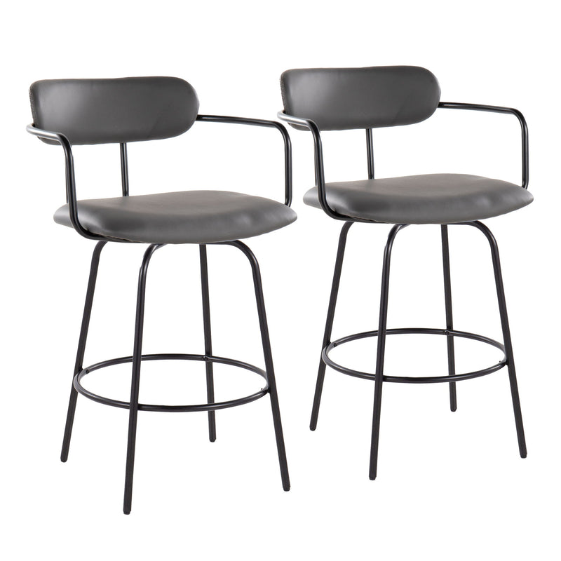 Set of two Lumi Source Demi contemporary fixed height counter stools with swivel seats and round footrests.