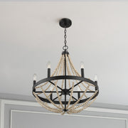 Starry - Chandelier 6 Candle Light Wood Beaded Pendant Light For Dining Room - Black / Clear - R&R Furniture Gallery (Fountain Valley, CA)