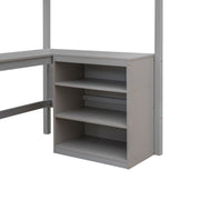 DreamHaus loft bed with integrated shelves and desk, featuring a sturdy wooden frame and space-saving design for bedroom organization.