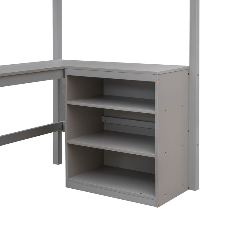 DreamHaus loft bed with integrated shelves and desk, featuring a sturdy wooden frame and space-saving design for bedroom organization.