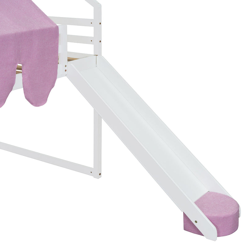 DreamHaus loft bed with house-shaped frame and tent, featuring a cozy, playful design for kids' bedroom decor.