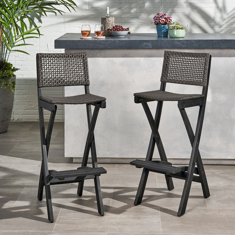 Outdoor Folding Acacia Wood Barstools With Rattan Backrest And Seat - R&R Furniture Gallery (Fountain Valley, CA)