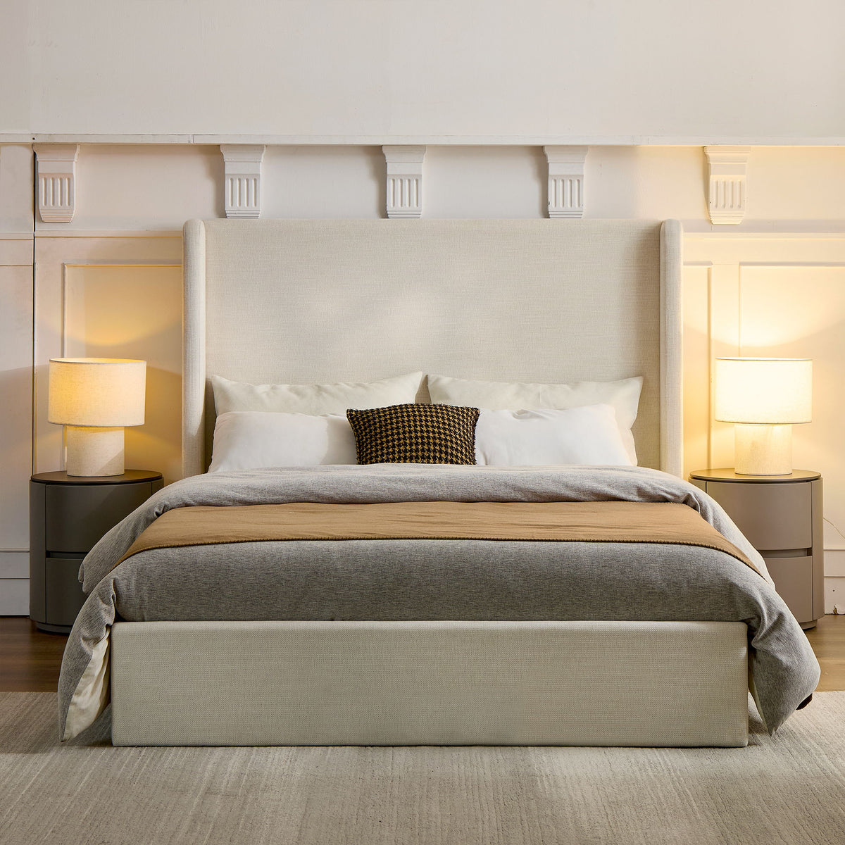Caron king size ivory upholstered wingback bed with high headboard by House & Home Furniture