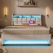 Artistry At Home upholstered platform storage bed with hydraulic lift, LED lighting, and USB charging ports, without mattress.
