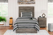 Signature Design by Ashley Ralinksi panel bed with a sleek wooden frame and modern headboard, shown in a cozy bedroom setting.