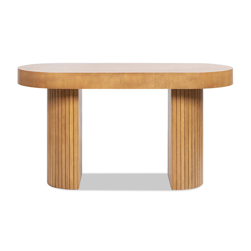 Jennifer Taylor Home Jesse single drawer fluted oval console desk in honey brown, showcasing its elegant design and smooth finish.