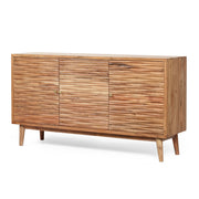 Boho handcrafted 3-door sideboard by Noble House with carved texture and artisanal charm, natural wood finish.