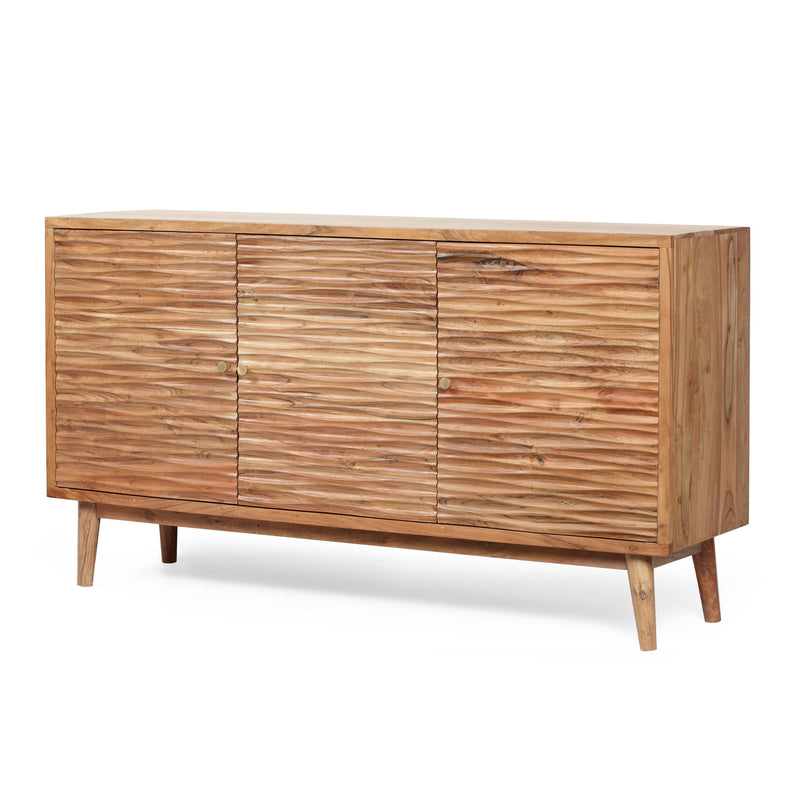 Boho handcrafted 3-door sideboard by Noble House with carved texture and artisanal charm, natural wood finish.