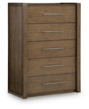Benchcraft Marxmore five-drawer brown accent chest with sleek design and metal drawer pulls.