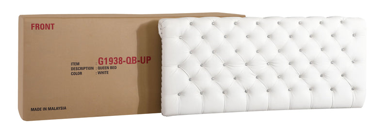 Elegant transitional upholstered bed by Glory Furniture with plush fabric and stylish design, shown in a modern bedroom setting.