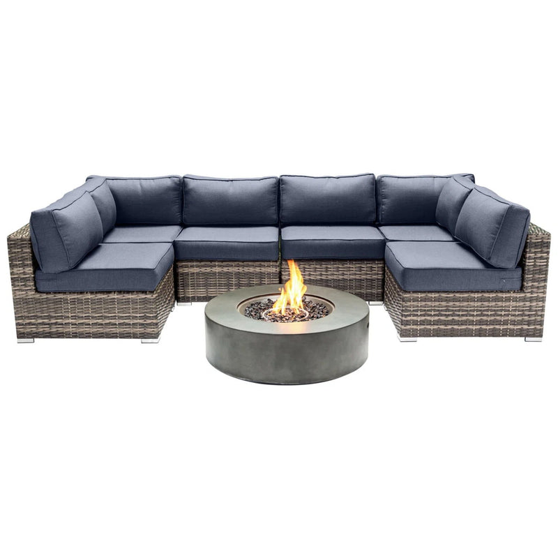 Outdoor 7 Piece Sectional Seating Group With Cushions And Fire Pit - Gray / Navy - R&R Furniture Gallery (Fountain Valley, CA)