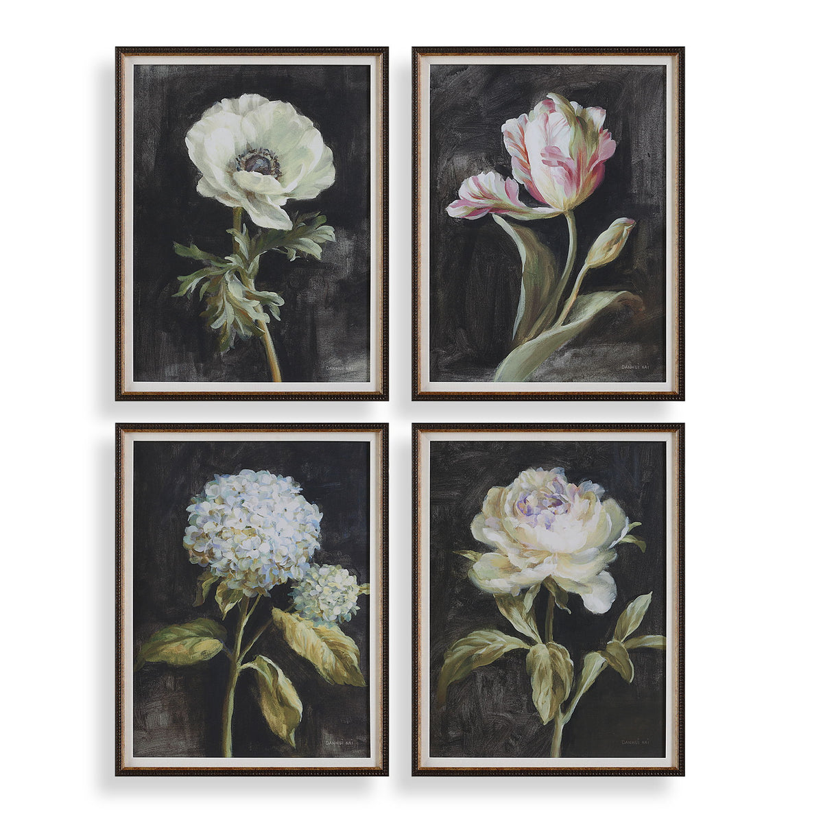 Florals On Black - Framed Prints (Set of 4) - Black