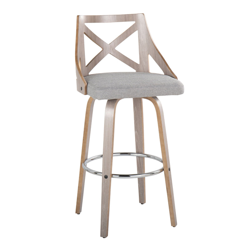 Lumi Source Charlotte farmhouse fixed height bar stools with round footrests, set of 2, featuring wooden seats and metal frames.