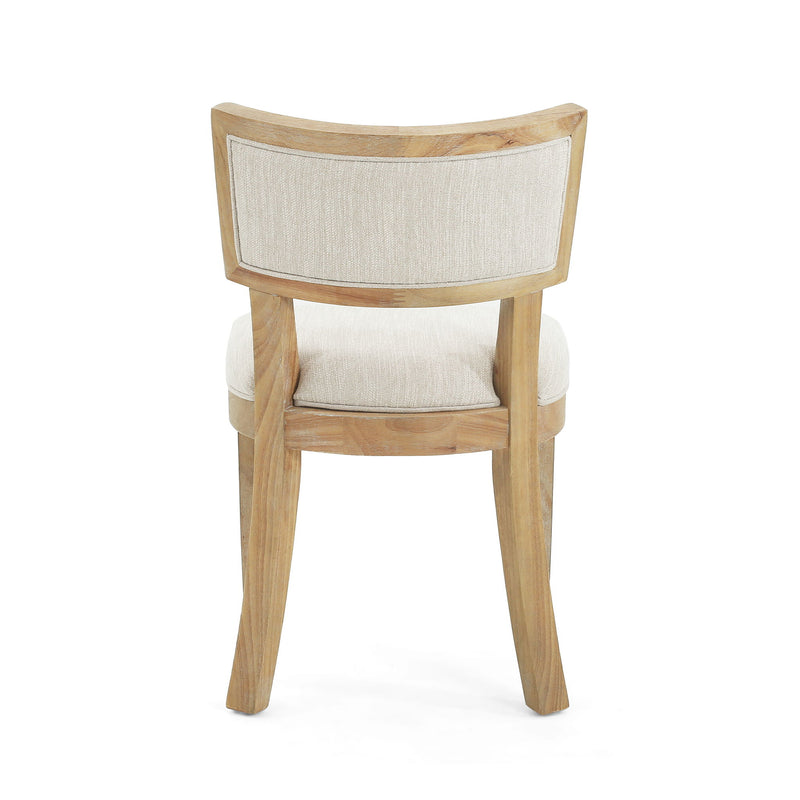 Set of two farmhouse style fabric upholstered side chairs by Noble House with wooden legs and cushioned seats.