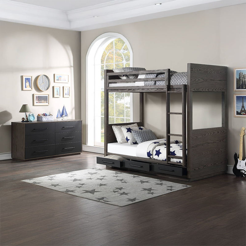 Estevon - Twin Over Twin Bunk Bed With Storage - Gray Oak