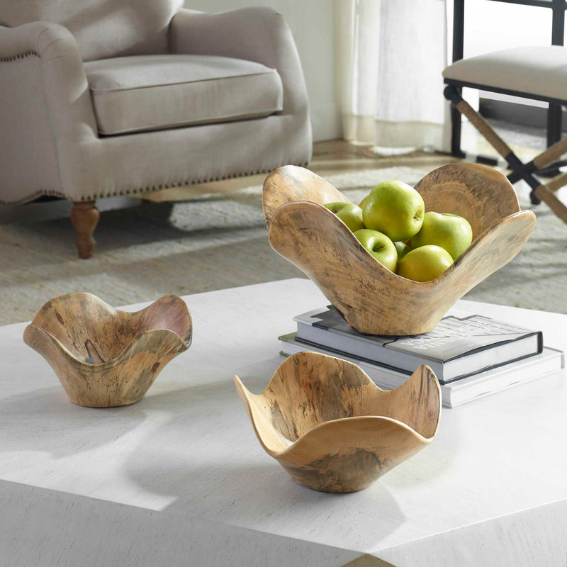 Set of three light brown Tamarine wood wall art pieces by Uttermost, featuring natural textured wood decor for interior walls.