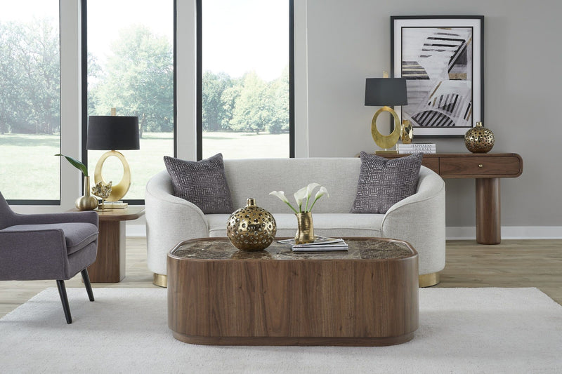 Juba Natural Marble and Walnut Coffee Table with Casters in Mongoose