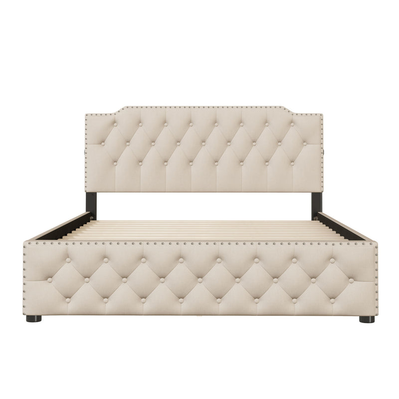 Upholstered Platform Bed With 2 Drawers And 2 Sets Of USB Ports On Each Side, Fabric - R&R Furniture Gallery (Fountain Valley, CA)