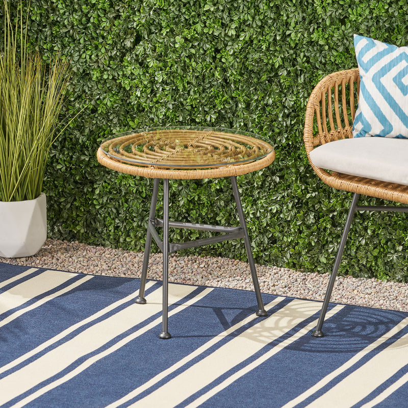 Noble House Petrichor outdoor side table with tempered glass top and steel frame, suitable for patio or garden seating areas.