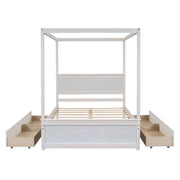 DreamHaus canopy platform bed with built-in drawers, support slats, and no box spring needed, shown in a modern bedroom setting.