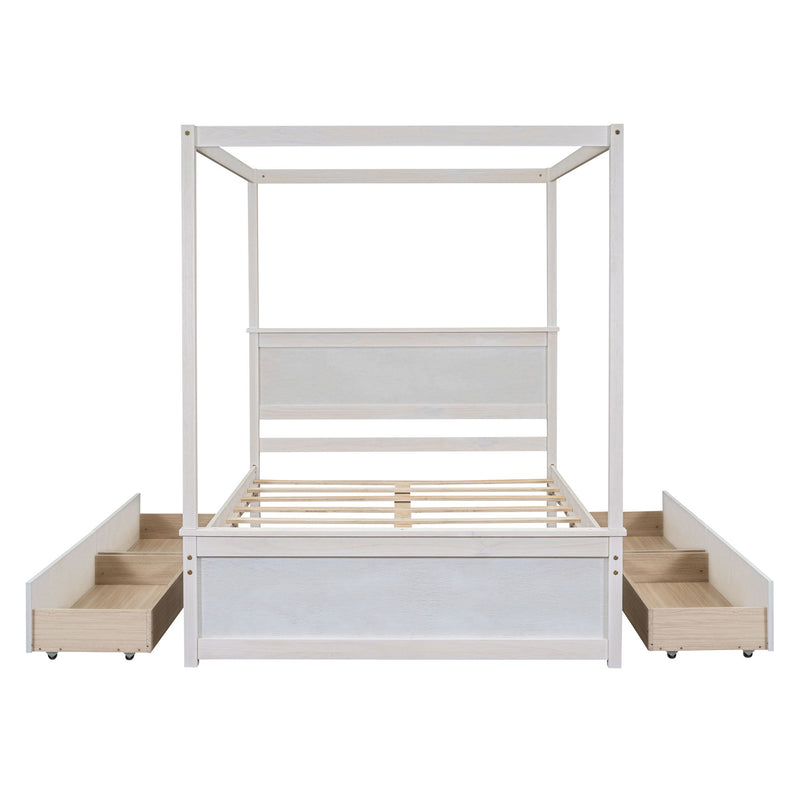 DreamHaus canopy platform bed with built-in drawers, support slats, and no box spring needed, shown in a modern bedroom setting.
