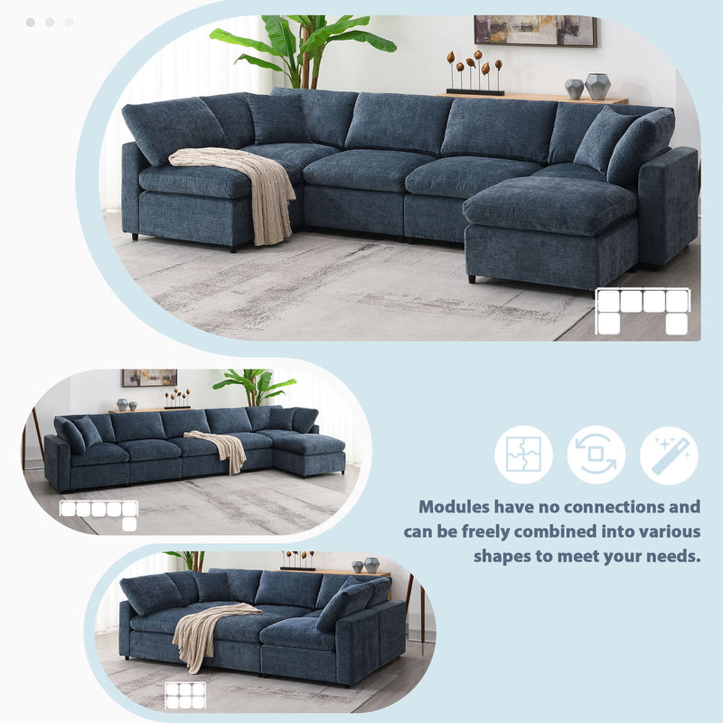 Luxe & Co. modern modular cloud sofa bed with six seats, U-shape sectional couch, and ottoman in a contemporary living room setting.