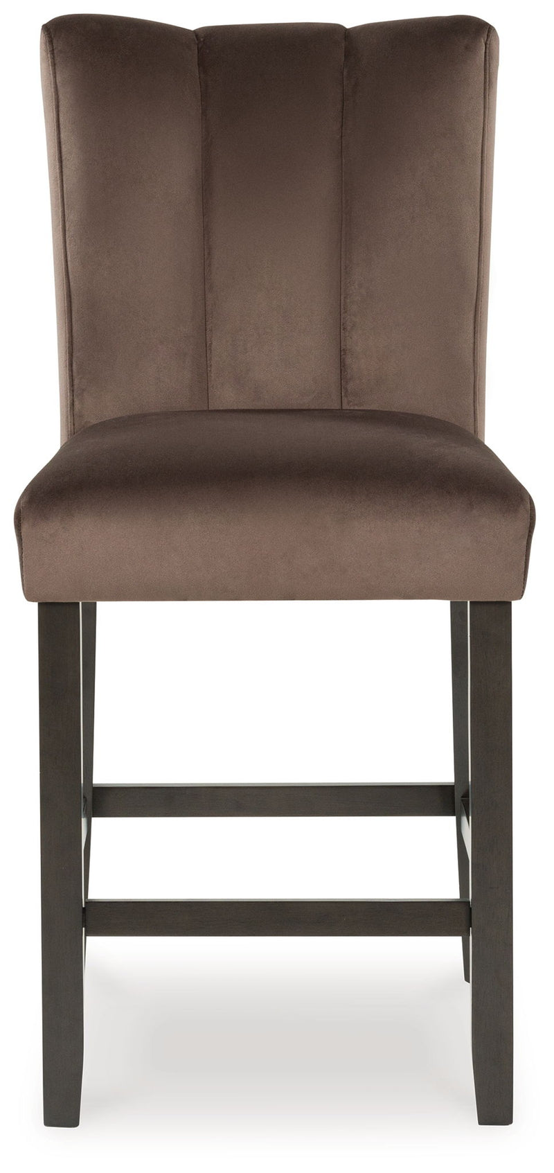Set of two Jeshina upholstered barstools by Signature Design by Ashley in mocha with cushioned seats and wooden legs.