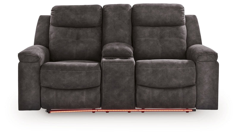 Brysonview - Double Reclining Loveseat With Console - Charcoal - R&R Furniture Gallery (Fountain Valley, CA)