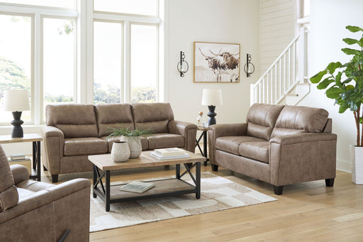 Signature Design by Ashley Navi 3-piece living room set with sofa, loveseat, and rocker recliner in fossil fabric.