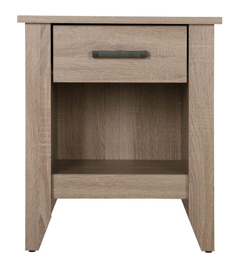 Glory Furniture roller drawer glides on an accent nightstand, showing smooth metal tracks for easy opening and closing.