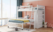 DreamHaus bunk bed with six drawers, flexible shelves, and a bottom bed on wheels, showcasing its sturdy wooden frame and functional design.